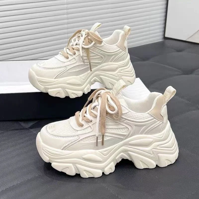 

2023 New Women's Shoes Lace Up Women's Vulcanize Shoes Round Toe Solid Net Cloth Breathable High Heels Water Proof Shoes Women