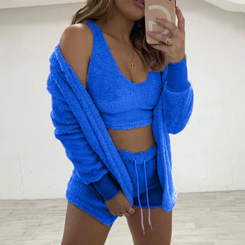 Sexy Fluffy Outfits Plush Velvet Hooded Cardigan Coat+Shorts+Crop Top Three Piece  Women Tracksuit Sets Casual Sports Sweatshirt loungewear sets Women's Sets