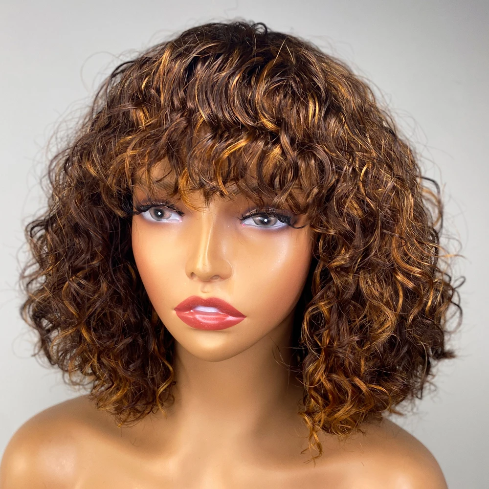Fabulous Mix Color M4/30 Curly Bob Wig With Bangs Full Machine Made Wigs  Highlight Short Bob Cool Hair For Summer Luvme Hair - AliExpress