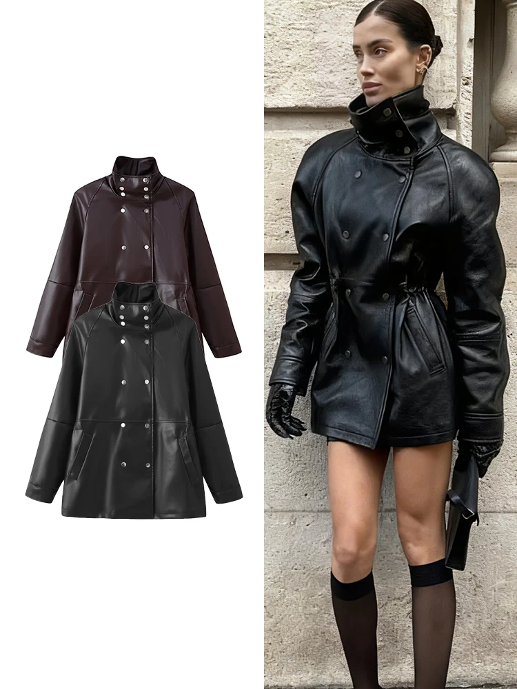 Women Vintage Faux Leather Jackets Double Breasted Stand Collar Slim PU Coats Autumn Winter Fashion High Street Jackets