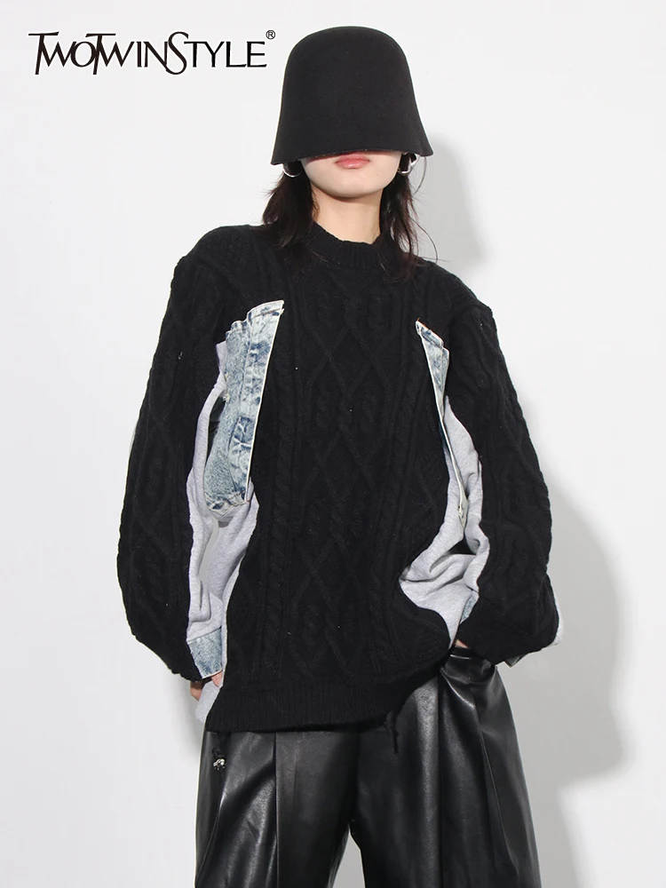 

Женский джинсовый свитер TWOTWINSTYLE, голубой Повседневный свитер составного кроя с круглым вырезом, длинными рукавами и шнурком