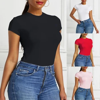Solid One Piece Bodysuit Short Sleeve O Neck Sexy Open Basic Overalls Women Tight Fitting Body Top Skinny Female 1