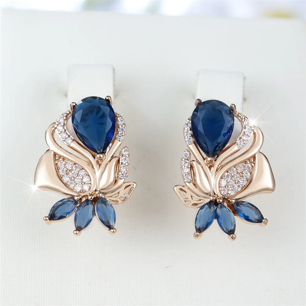 Cute Flower Blue Zircon Water Drop Stone Hoop Earrings For Women Vintage Gold Color Ear Buckle Wedding Jewelry Engagement Gifts
