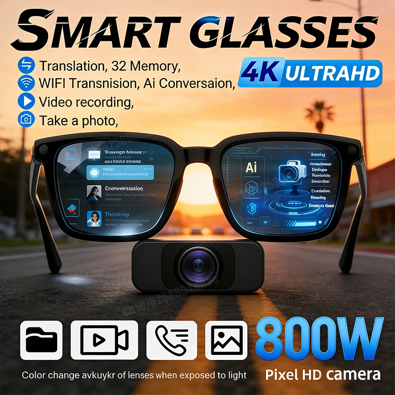 Nuovi Occhiali Smart AI con Traduzione AI, Fotocamera HD 8MP, Riprese 4K, Conversazione Immagine, Registrazione, Ascolto Musica - Occhiali Smart 2026