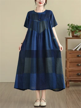 Abiti scozzesi blu allentati casual vintage in cotone estivo per le donne Abito a maniche corte Femme Abiti Abiti lunghi alla moda eleganti 1