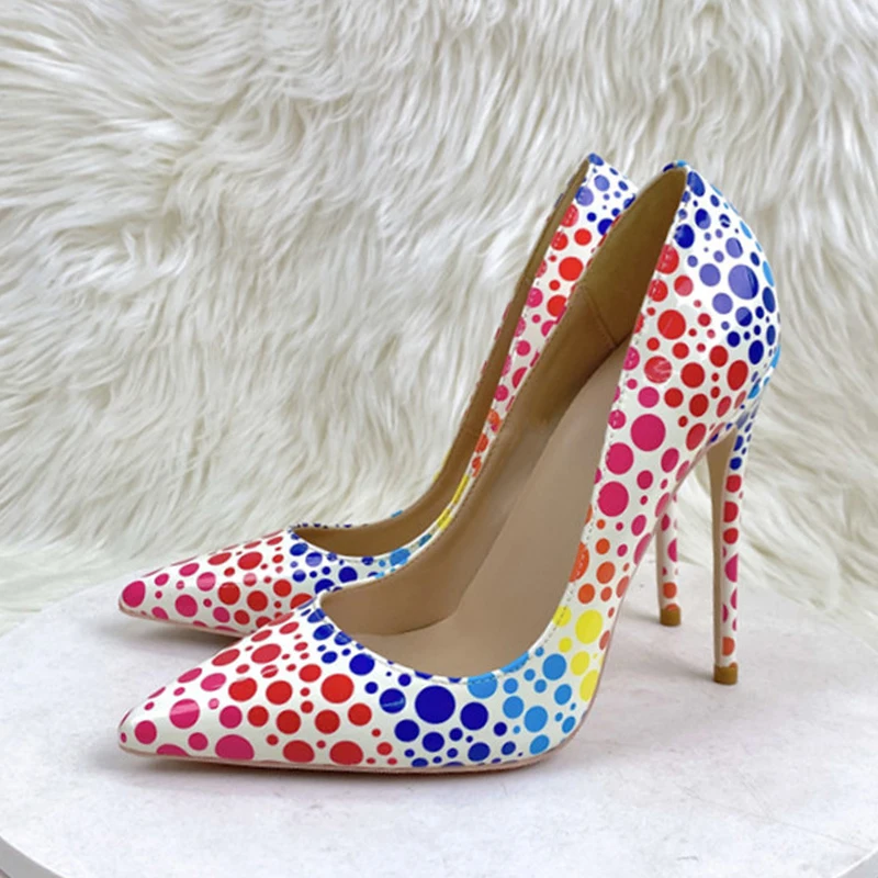 

Colorful Dot spotted print women glossy pointed toe 8cm 10cm 12cm high thin heels plus size 33-45 cozy pumps QP196 ROVICIYA