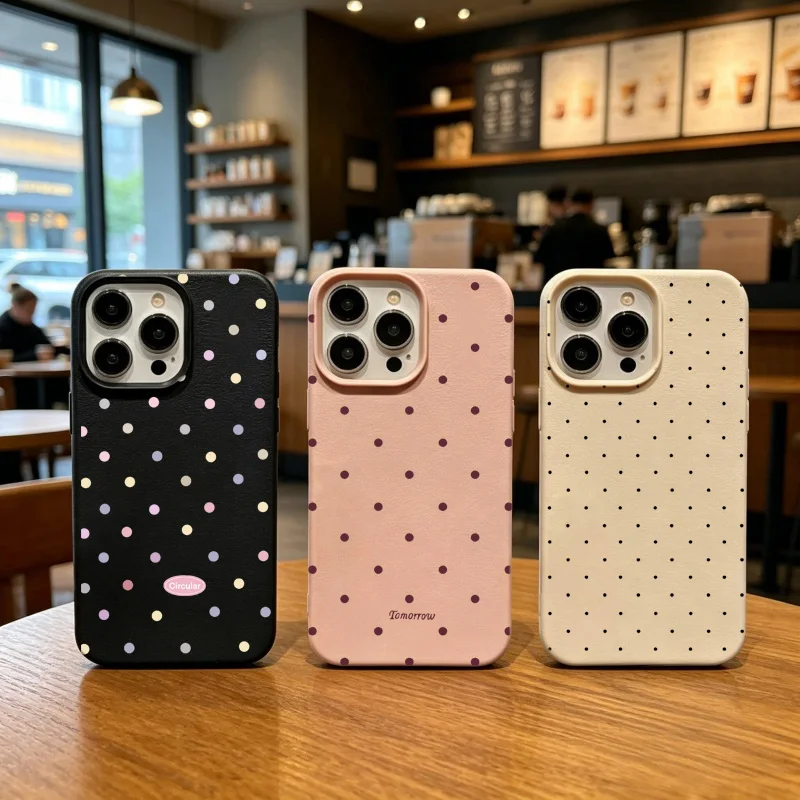 Polka Dots Soft Silicone Phone Case with TPU Leather Cover