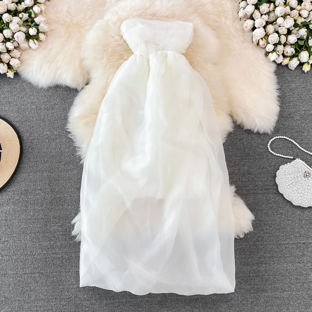 

2022 Summer New Gentle Wind Waist Is Thin Sleeveless Tube Top Style Fluffy Mesh A-line Dress Women