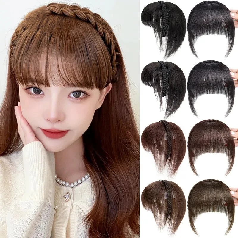 

Synthetic Fake Bangs Hair Neat Fringe Bands with Double Row Braids Headband Heat Resistant Bangs In Hair Extensions Hairpieces