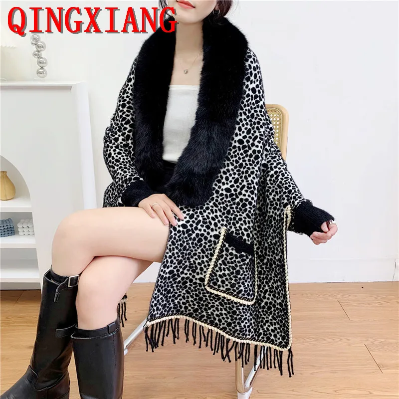 2022 Women Faux Mink Velvet Poncho Loose Long Batwing Sleeves Shawl Coat Knitted Winter Fur Neck Warm Leopard Capes With Pocket 9 colors winter velvet warm knitted o neck faux fox fur poncho shawl women capes knitwear plus size pullover outstreet overcoat