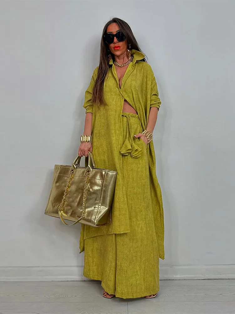 موضة المرأة بنطلون فضفاض الدعاوى كم طويل زر بدوره...