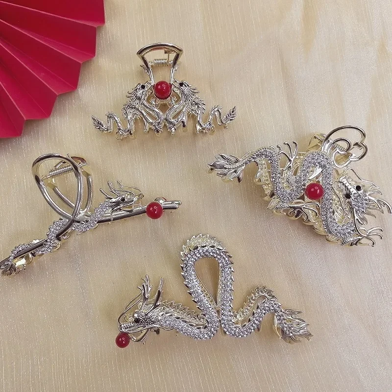 2024 New Chinese Dragon Year Hair Clips Hair Accessories for Women Girl Red Bead Metal Rhinestone Hair Pin Fashion Jewelry Tiara 5