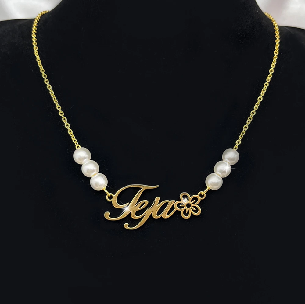 Stainless Steel Custom Pearl Necklace Custom Nameplate Flower Necklace Female Customized
