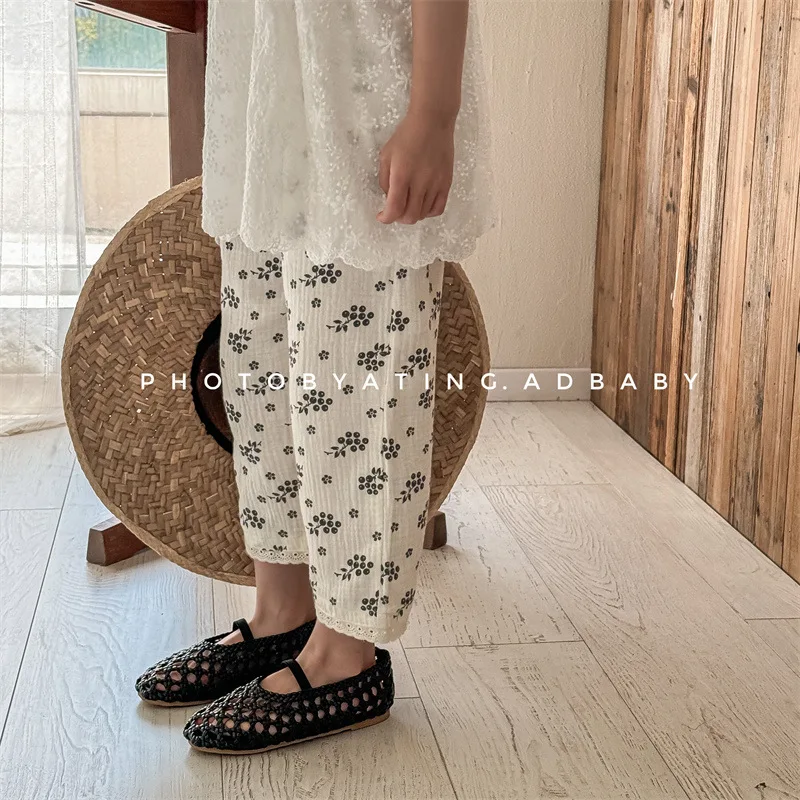 

Kids Pants Childrens Clothing Girls Korean Hemp Cotton Summer Trousers 2024 Elastic Waist Fashion Printing Sweet Lace