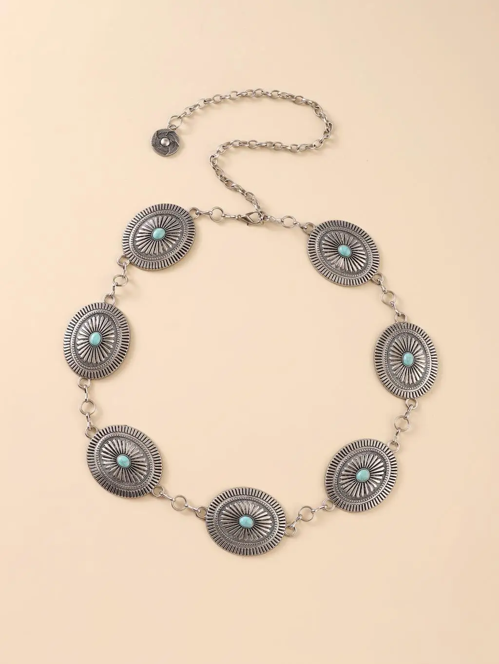 

Fashion Antique Silver Alloy Western Floral Oval Conchos with Turquoise Women`s Chain Belt