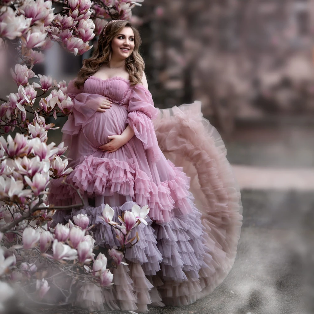 Puffy Tulle A Line Maternity Gowns for Photoshoot Off Shoulder Mix Colors Ruffles Pregnant Women Dresses Long Sleeves Robes