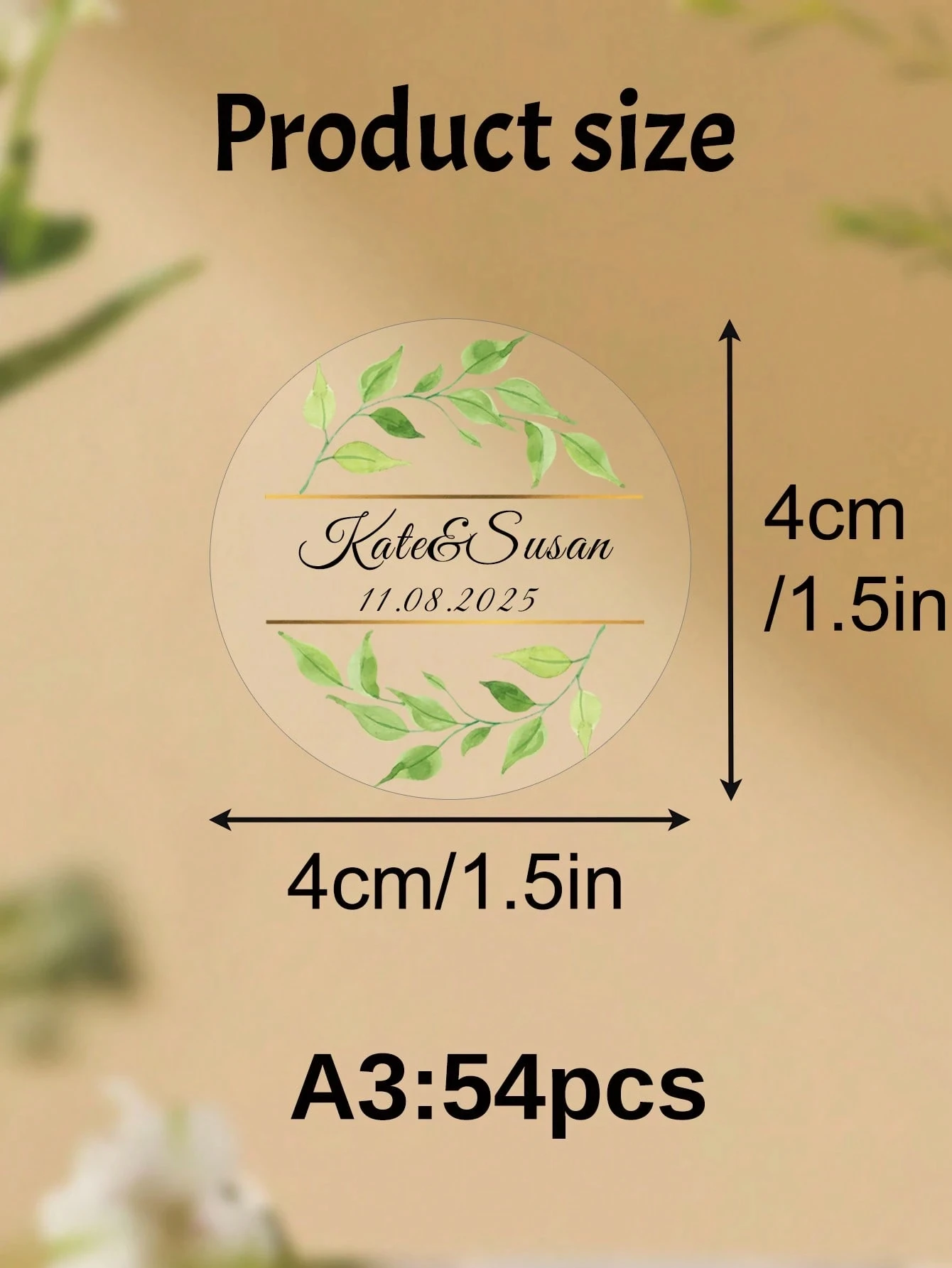 54-540PCs 4CM 투명 맞춤형 웨딩 태그, 맞춤형 원형 웨딩 스티커, 녹색 잎 디자인, 맞춤형 이름 및 날짜 스티커
