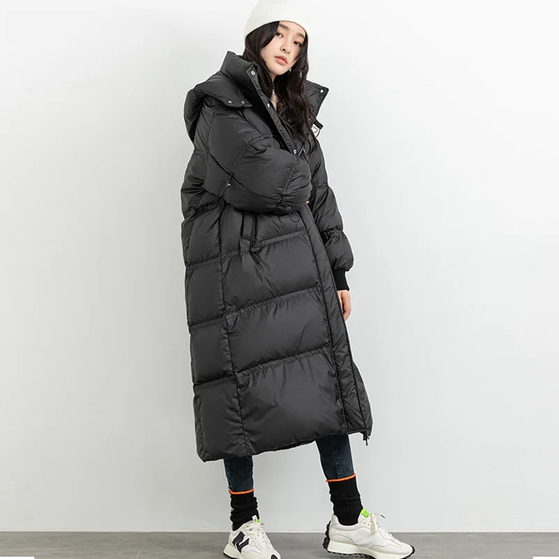 

2023 Winter Down Jacket Women Long Loose Korean Fashion Hooded Puffer Coat Thick Warm Drawstring Waterproof Parkas Snow Outwear