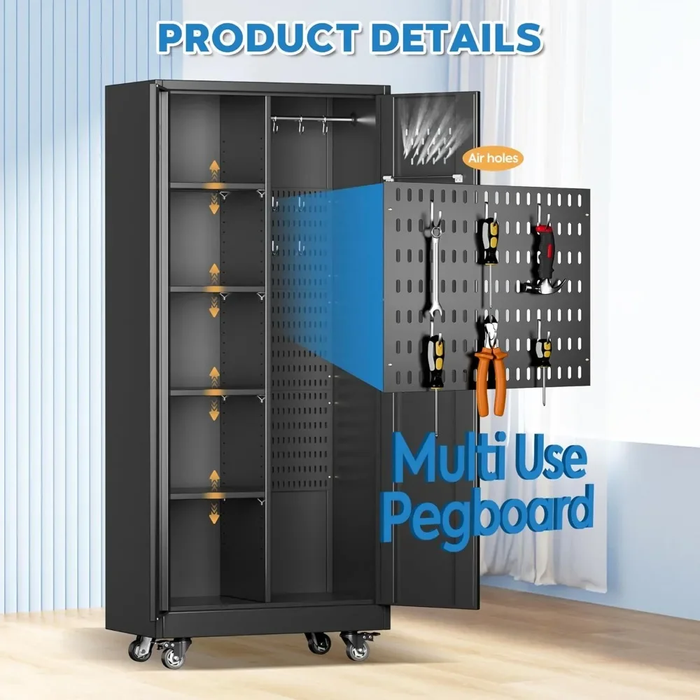 Garage Storage Cabinet, Metal Storage Cabinet with Lockable Doors and 4 Adjustable Shelves, Tool Cabinet with Wheels 4