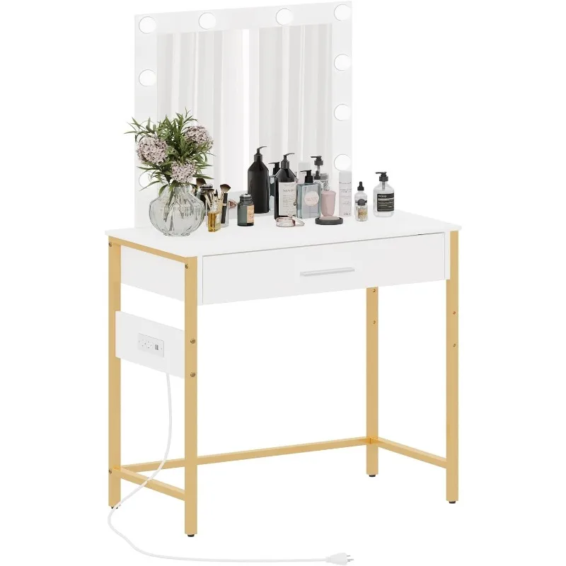 

Makeup Vanity Table with Charging Station and USB Ports & Power Outlets, Bedroom Vanity Desk with Mirror and Lights,10 LED Bulbs