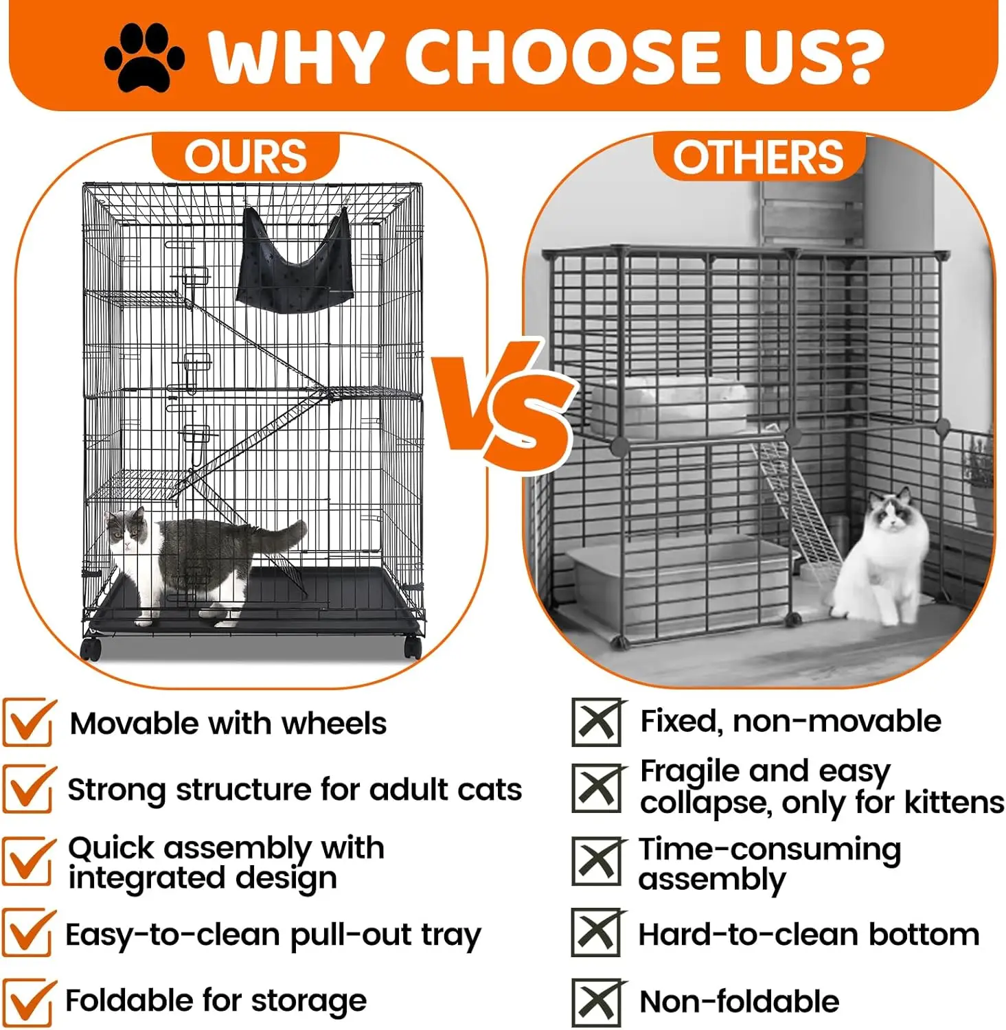 Pet 50 Inch Cat Crates for Indoor Cats, Large Cat Cages Indoor, Collapsible Metal Wire Kennel Big Multi-Level Cage