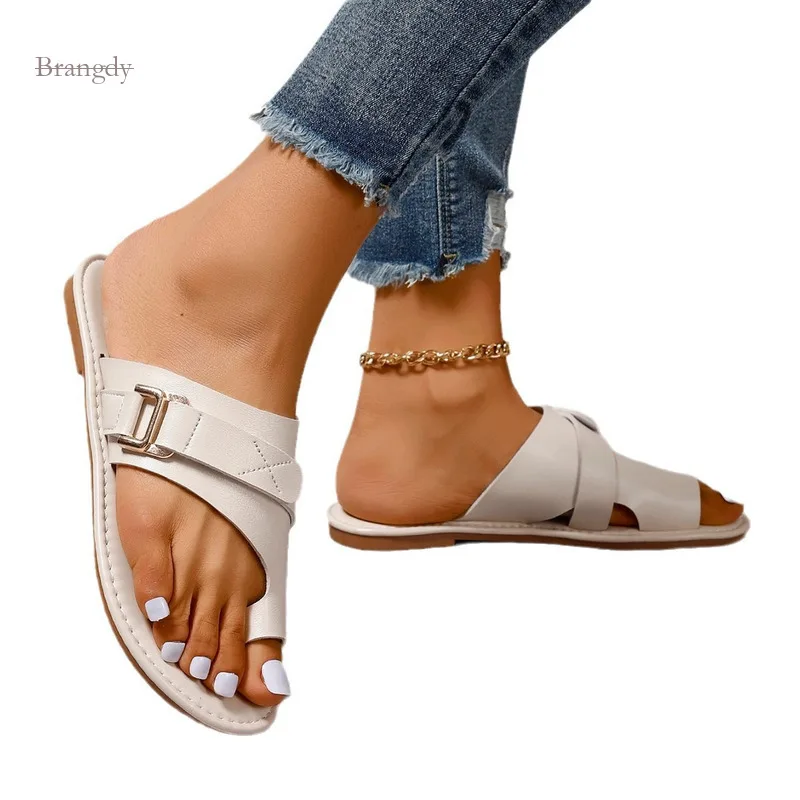 

Concise Summer New Large Shoes Toe Covering Fashion Flat Heel Casual Women's Sandals and Slippers Exquisite Chic Atmosphere