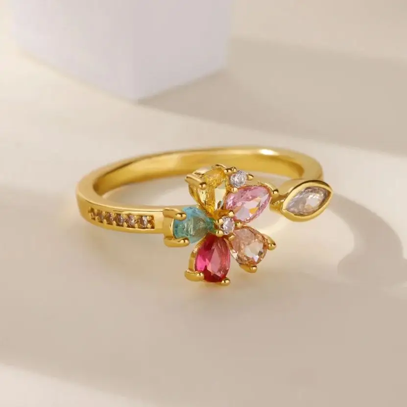 Zircon Flower Rings Women Gold Color Stainless Steel Adjustable Wedding
