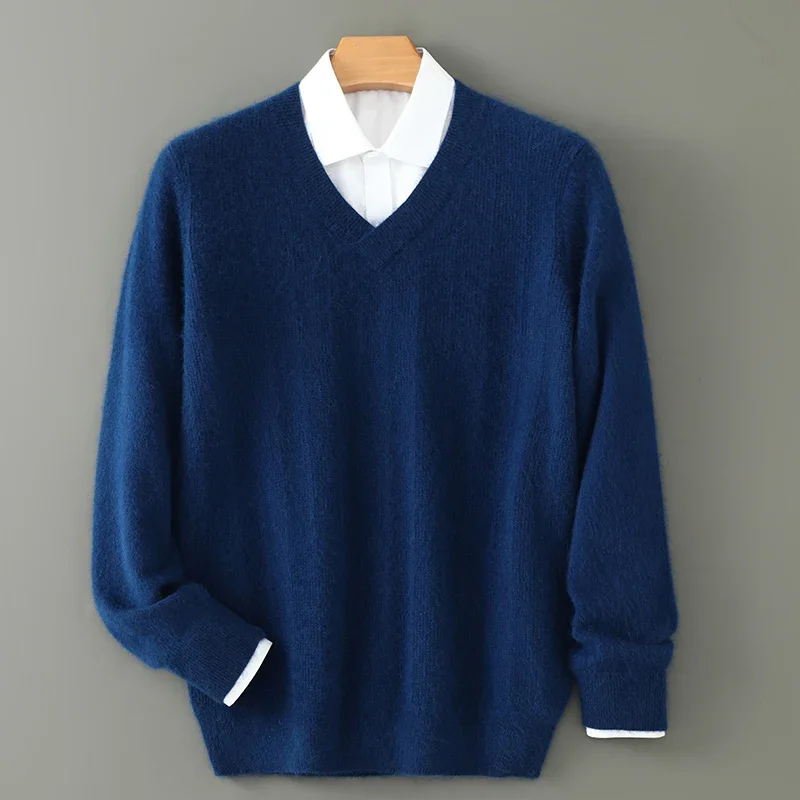 Men's V-neck Wool Sweater, Thick and Loose Pullover, Underlayer Knitted Sweater, Korean Version, Autumn and Winter 2
