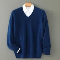 Men's V-neck Wool Sweater, Thick and Loose Pullover, Underlayer Knitted Sweater, Korean Version, Autumn and Winter 2