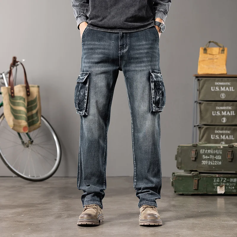 Autumn and winter new styles Men's Outdoor Wide Leg Workwear Multi-Pocket Jeans Straight fit plus size men's jeans  42 44 5