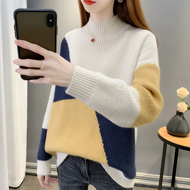 

Autumn Winter Contrast Color Half Turtleneck Knitted Sweater Women Short Pullover Tops Loose Casual Ladies Knitwear Pull Femme