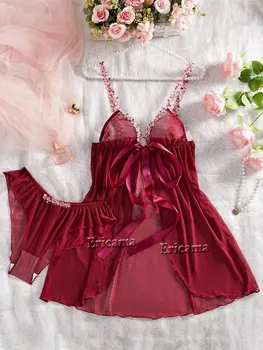 Sous-vêtements pour femmes, ensemble soutien-gorge et culotte Sexy, garniture à volants en dentelle, ensemble de Lingerie, robe à décolleté en V profond, string, Lingerie Sexy pour femmes