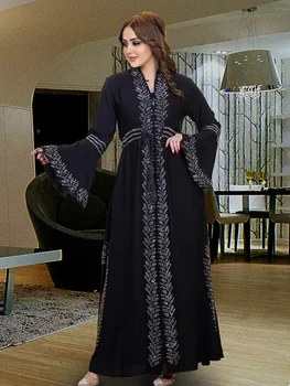 Eid Muslim Dress for Women Dubai Kaftan Dresses Flare Sleeve Abaya Jalabiya Turkey Ramadan Islam Party Abayas Robe Belt Caftan