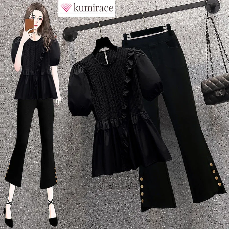 Fashion Women's Set 2024 Korean Edition Bubble Short Sleeved Top Casual Pants Western Style Age Reducing Two Piece Set
