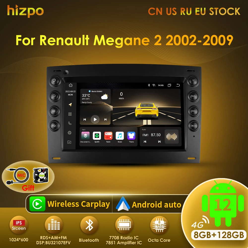 

Автомагнитола Hizpo 2Din Android 13, мультимедийный стерео-проигрыватель для Renault Megane 2 2002-2009 с видеоплеером и GPS-навигацией Carplay
