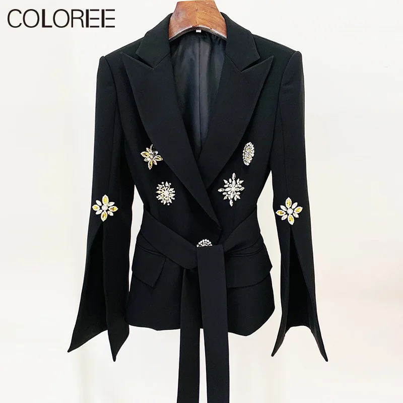 

Luxury Diamonds Beading Jackets for Women 2023 Autumn Elegant Notched Sashes Blazers Feminino Korean Fashion New in Outerwears