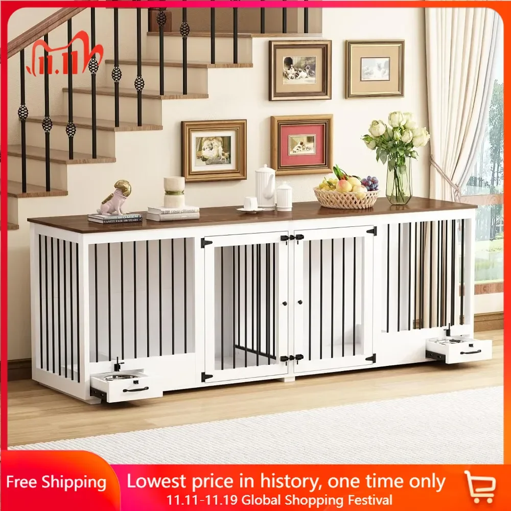 Dog Crate for 2 Dogs, 86.6" Heavy Duty Wooden Dogs Kennel with Bowl Drawers & Divider, Indoor Furniture Style Dog Kennel