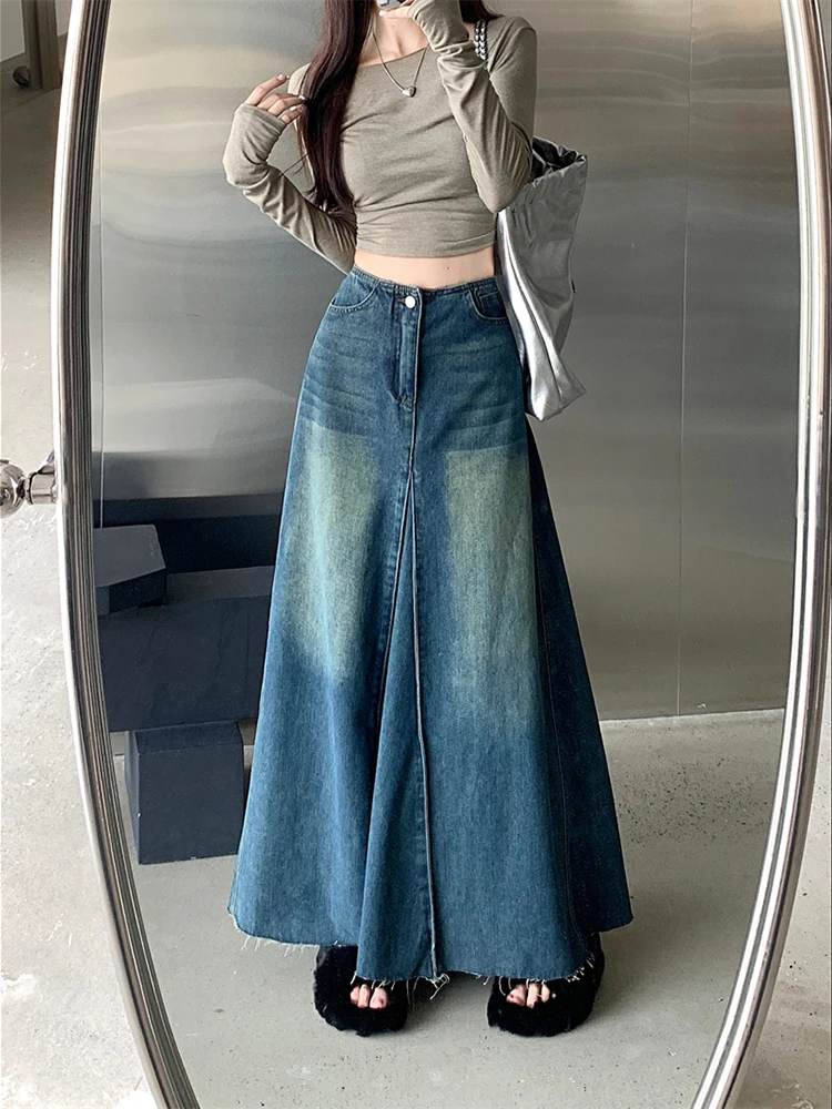 

Maxi Long Skirts Women England Style Vintage Autumn Winter High Waist Jean Skirt Ladies A-line Ruffle Pleated Denim Skirt