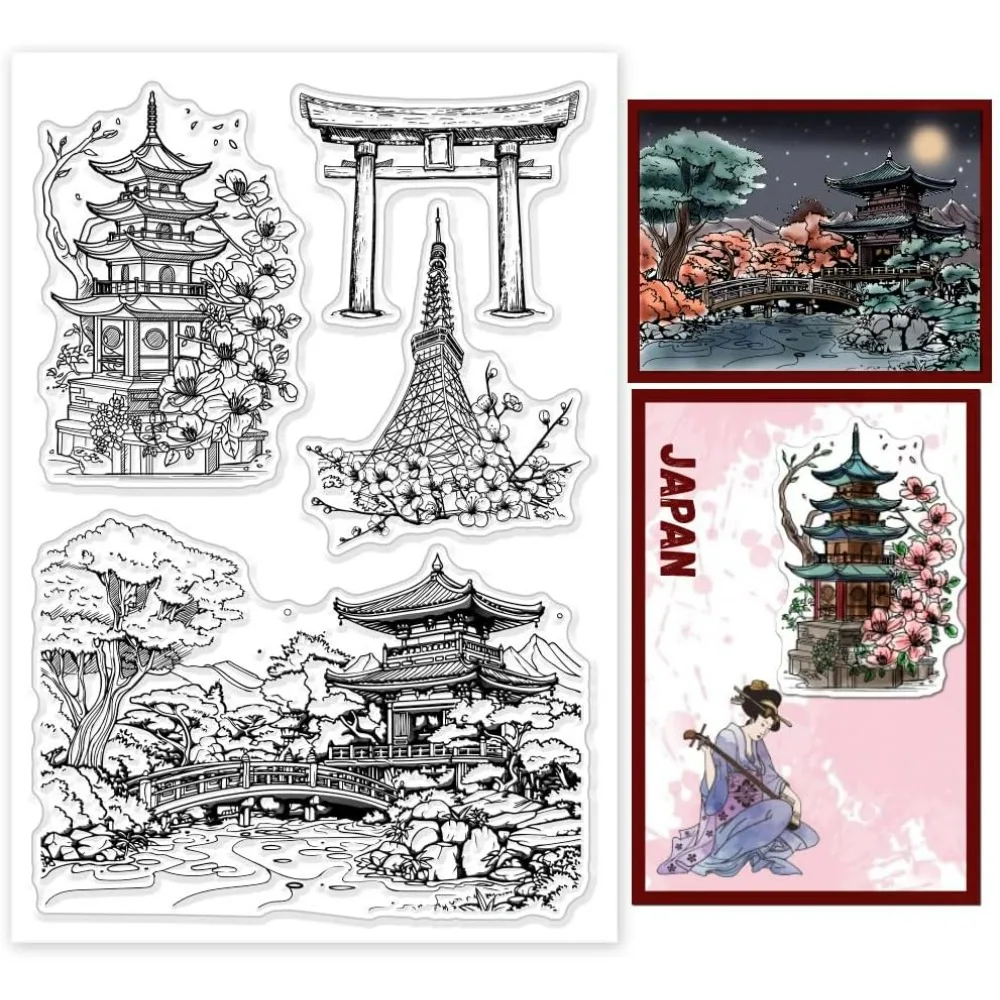 Embossing Stamps 1Sheet Landscape Clear Stamps Park Architecture Silicone Clear Stamp Seals for DIY Scrapbooking Cards