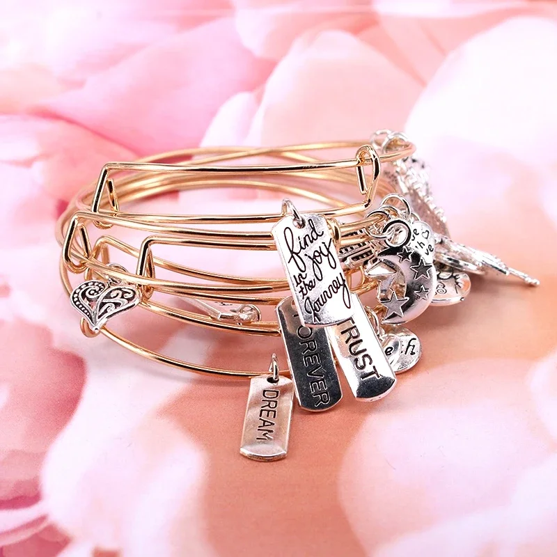 5pcs Bangle Set Hope Dream Forever Trust Charm Bracelets for Women Moon Love Heart Charms Bangles Cuff Jewlery E41