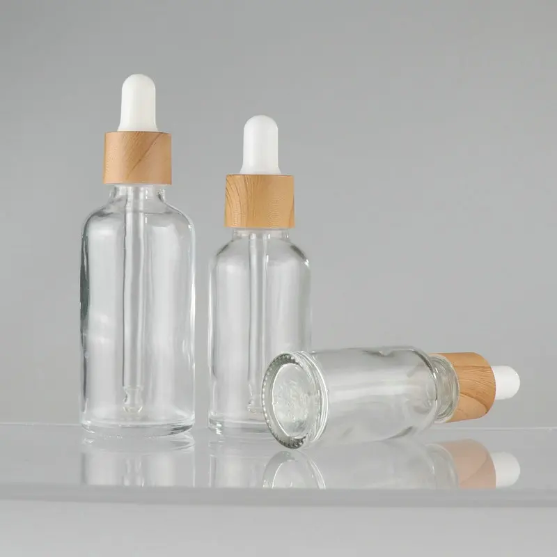 Wholesale 5ml-100ml Dropper Bottle Bamboo Wood Lid Brown Glass Separate Bottle Transparent Mask Skin Care Essence Oil Bottle