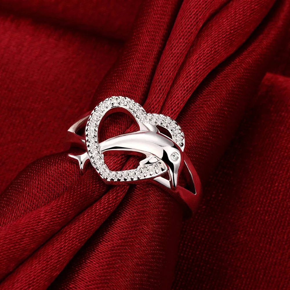 925 Sterling Silver Love Dolphins Heart Rings For Women Couple Gifts Party Wedding Jewelry