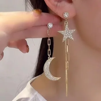 New Trend Star Moon Long Tassel Dangle Earrings for Women Planet Crystal Statement Pendant Earrings Wedding Party Jewelry