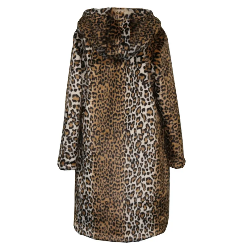 Leopard Faux Fur Coat Long Women New Winter Fluffy Jacket Hooded Mink Coat Female Thickened Fur Plush Coat Warm Long Sleeves