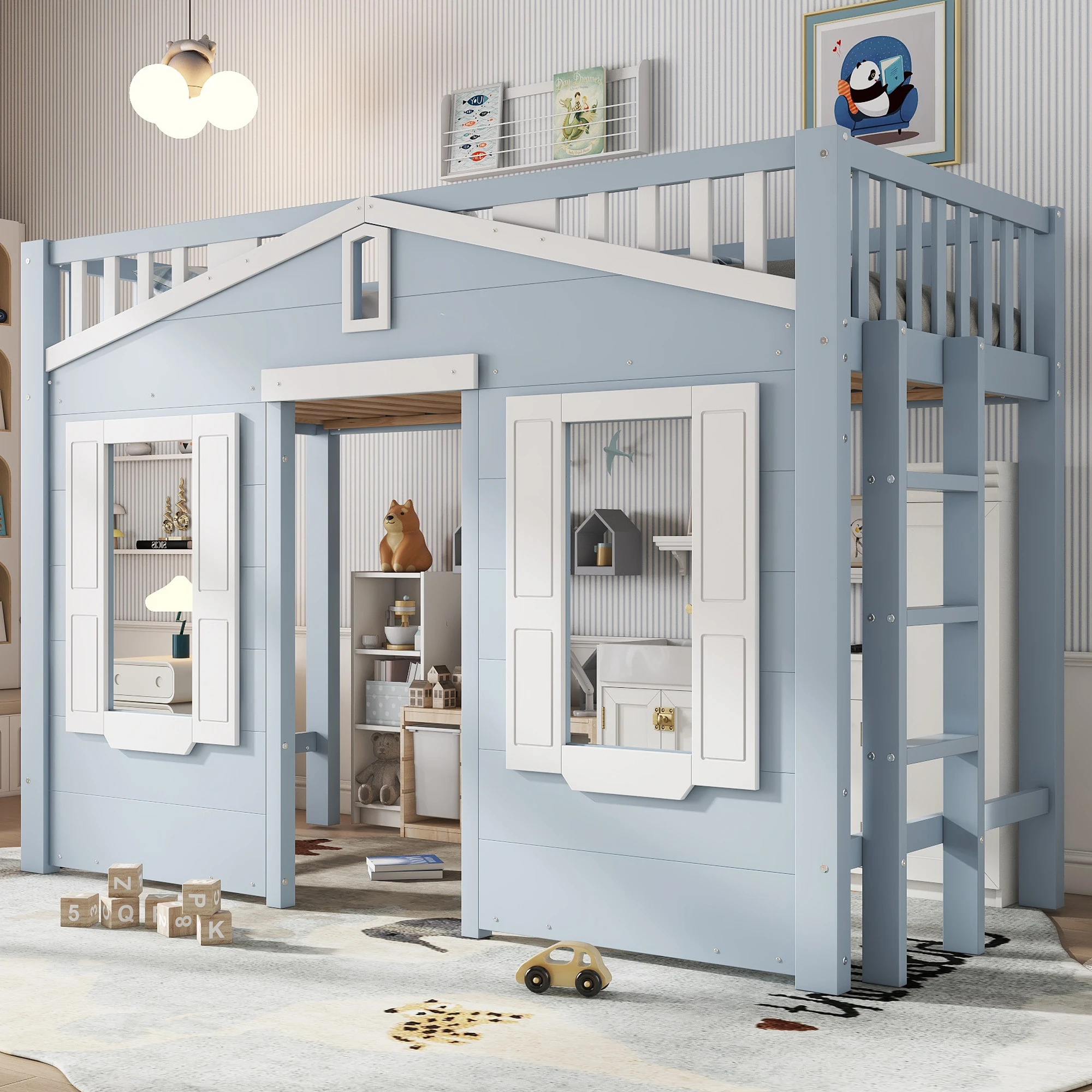 Hochbett, platzsparend unter dem Bett für flexibles Design, schönes Fensterdesign, sichere und stabile Leiter, Kiefernholz, MDF-Sperrholz, 90 x 200 cm – Detail 1