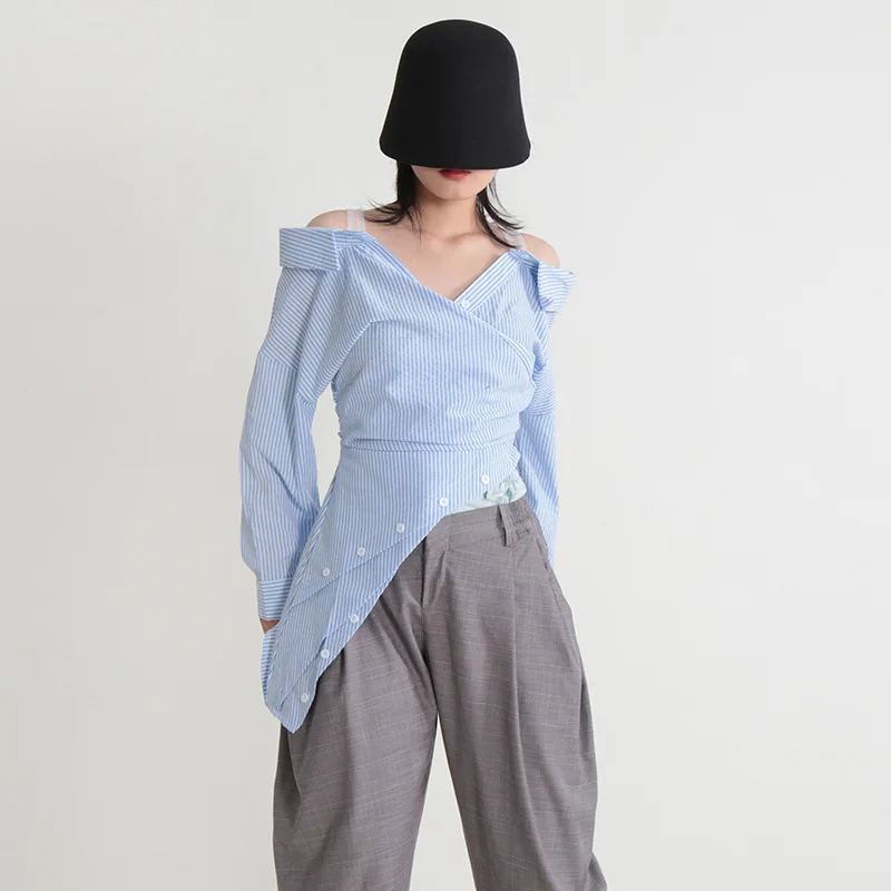 

Блузка женская прямая в полоску, с V-образным вырезом и длинным рукавом