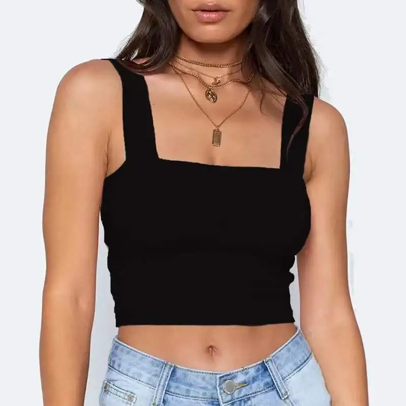 Fashion Square Neck Sleeveless Summer Crop Top White Women Black Casual Basic T Shirt Off Shoulder Cami Sexy Backless Tank Top camisole