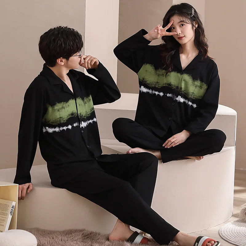 100% Cotton Autumn Pajamas Set For Couples Fashion Cardigan Nightwear Women Home Clothes Men Casual Loungewear pijamas feminino