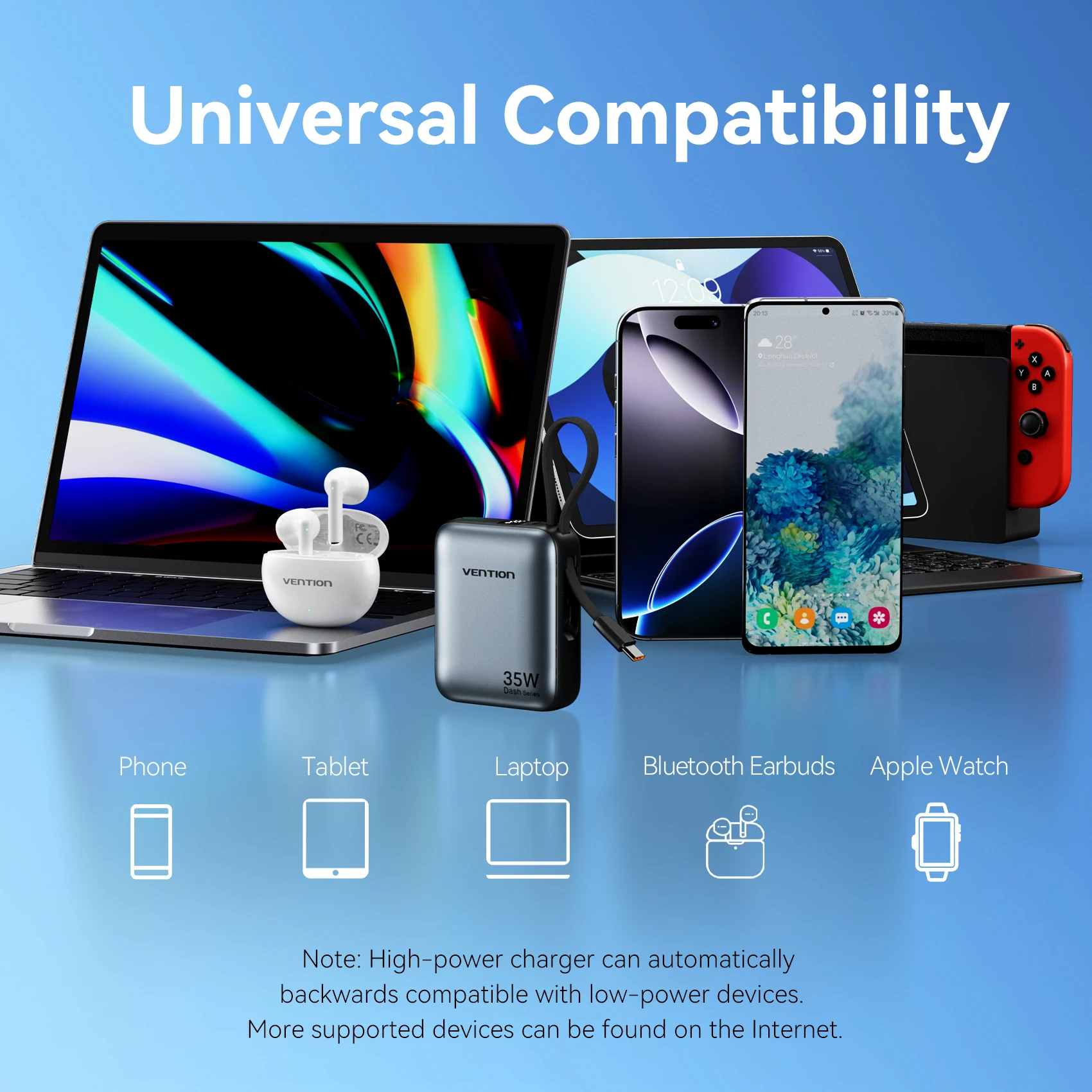 Power Bank Vention 10000mAh 35W PD Fast Charger with Type C Cable Mini External Spare Auxiliary Battery for SmartPhone