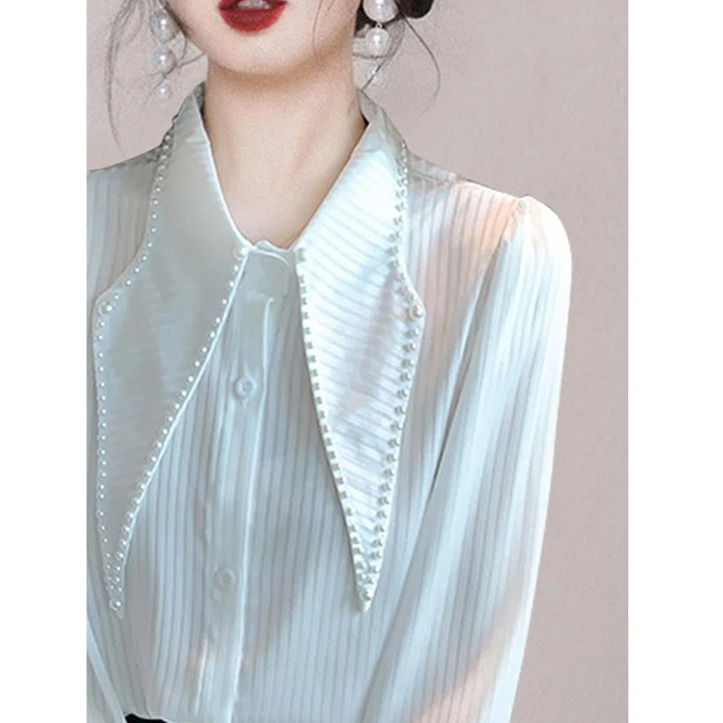 Spring Autumn Vintage Striped Beading Shirt Ladies Temperament Long Sleeve Buttons Top Women's Elegant Fashion All-match Blouse